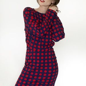 Zara 80s Style Red + Blue Polkadot Dress